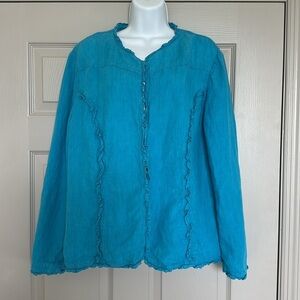 Chico's Women’s Linen Jacket Blazer Ruffle Trim Long Sleeves Size 3 (16/18 XL)